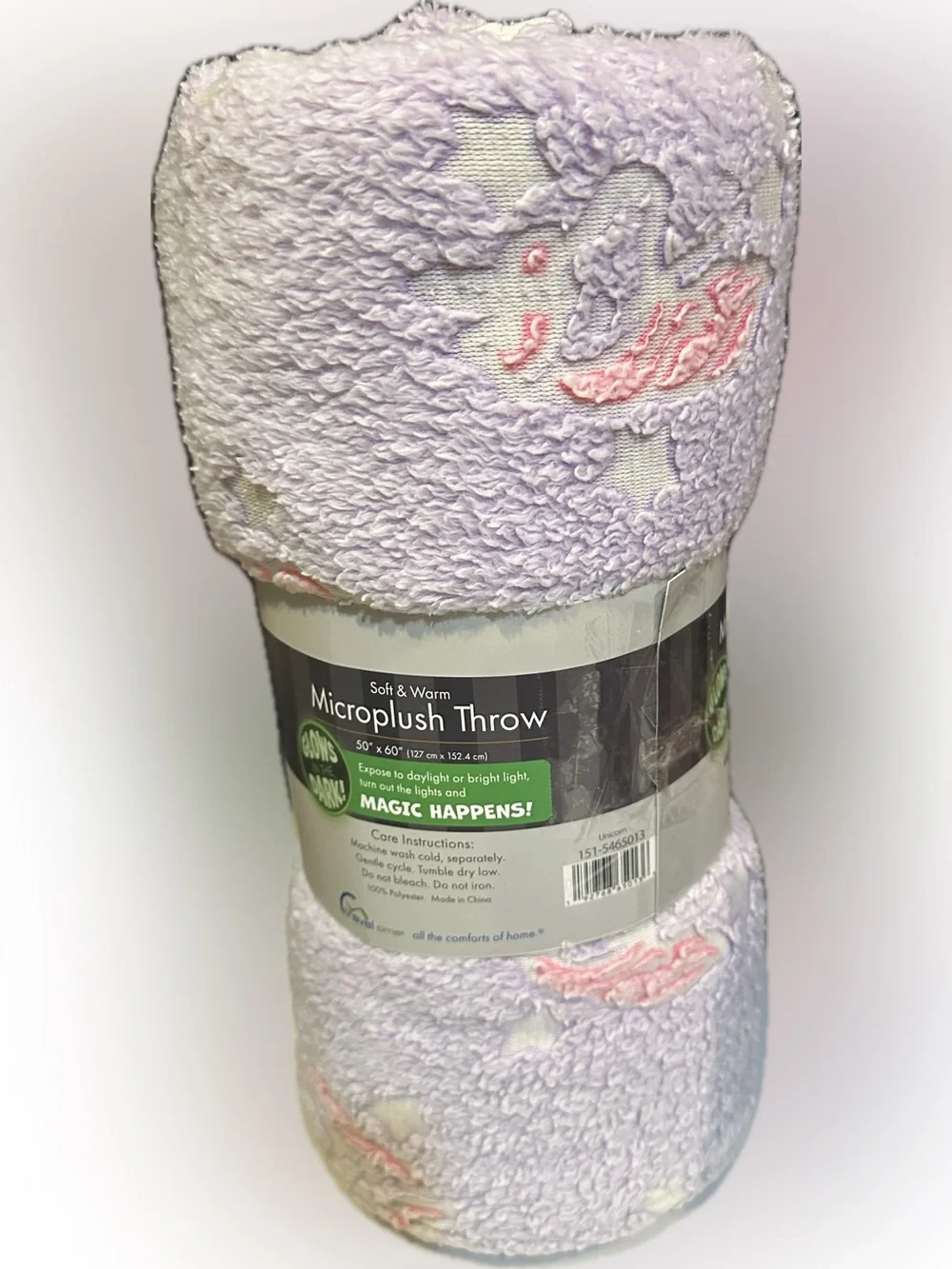 TRAVEL TIME MICROPLUSH THROW BLANKET SOFT WARM PURPLE PINK UNICORN 50”x 60” GLOW